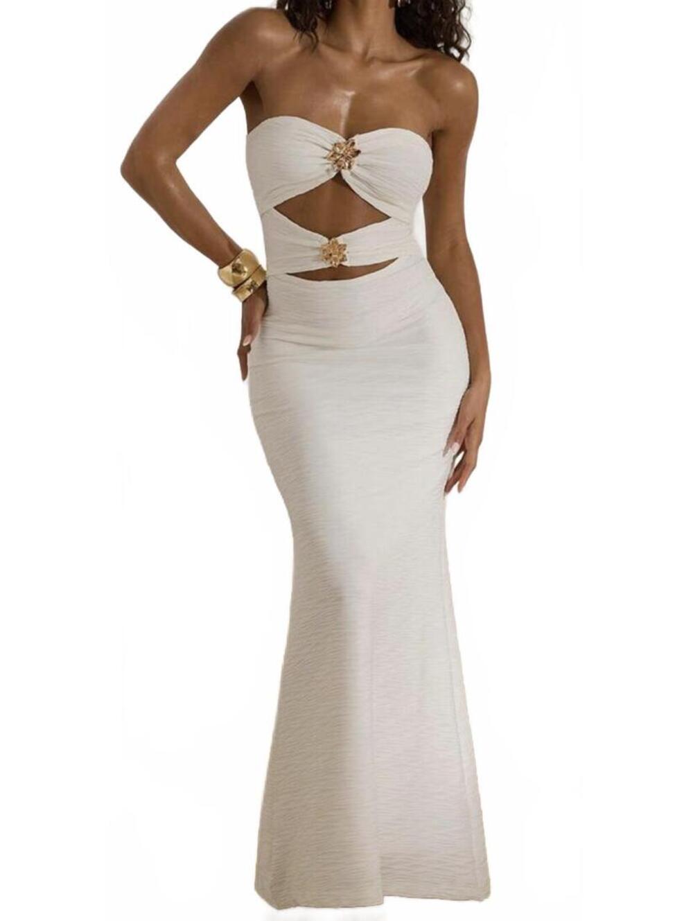Ivory Strapless Cutout Maxi Dress with Gold Floral Embellishments